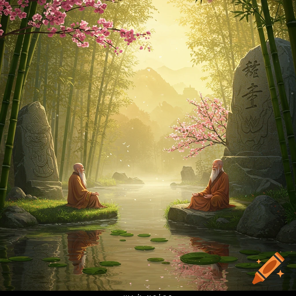 Two robed sages meditate by a reflective pond in a serene, misty bamboo forest with cherry blossoms and ancient carved stones.