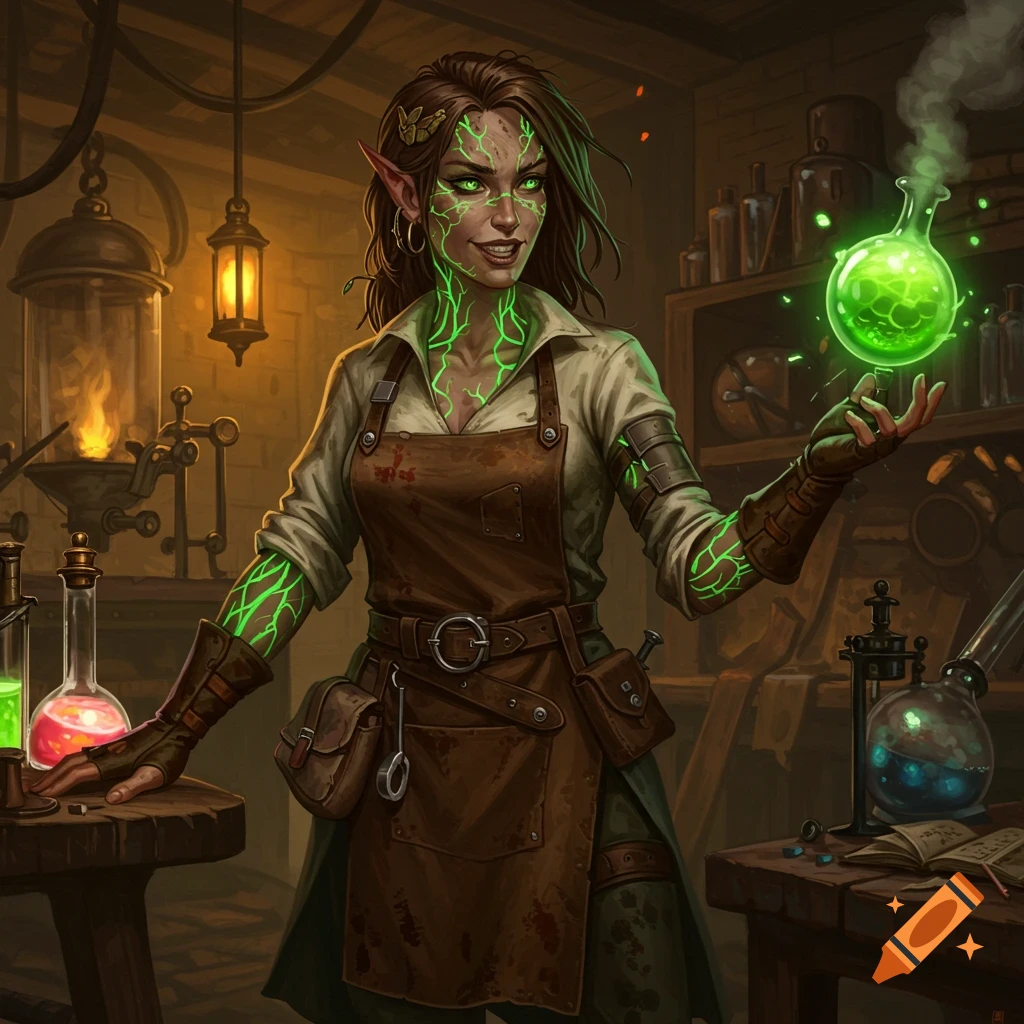 A female D&D artificer with green veins glowing on her face and arms, holding a glowing green flask in a dimly lit alchemist's lab.