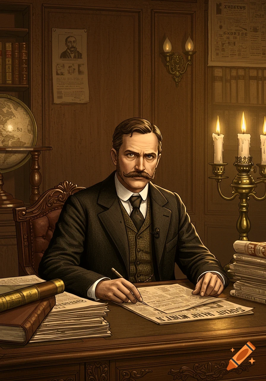 A stern man with a mustache in 1800s attire sits at a wooden desk in a study, holding a pen over a newspaper.