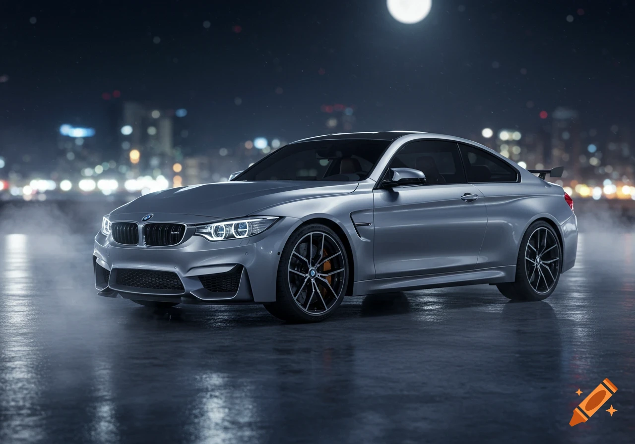 A silver BMW M4 coupe parked on a wet street at night, with city lights blurred in the background and a full moon above.