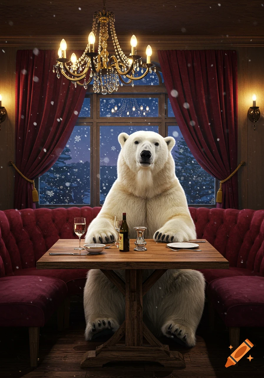 A photorealistic polar bear sits at a table in a fancy restaurant with red velvet booths, as snow falls outside a large window.