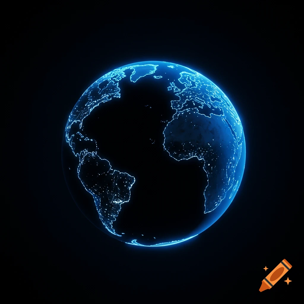 A glowing blue Earth globe with illuminated continents and city lights against a dark background, in a minimalist digital art style.