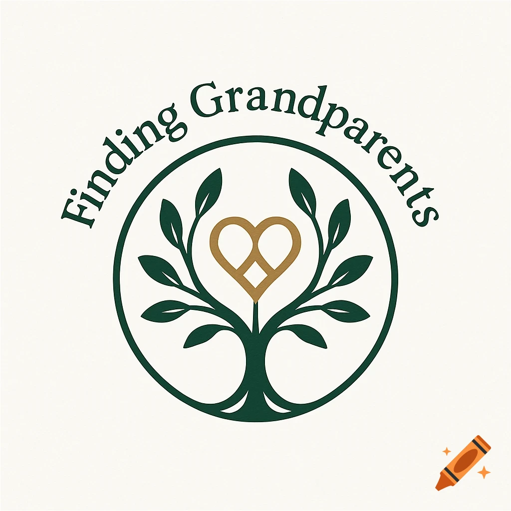 A logo with a dark green tree and a golden heart inside a circle, with the text "Finding Grandparents" curved above it.