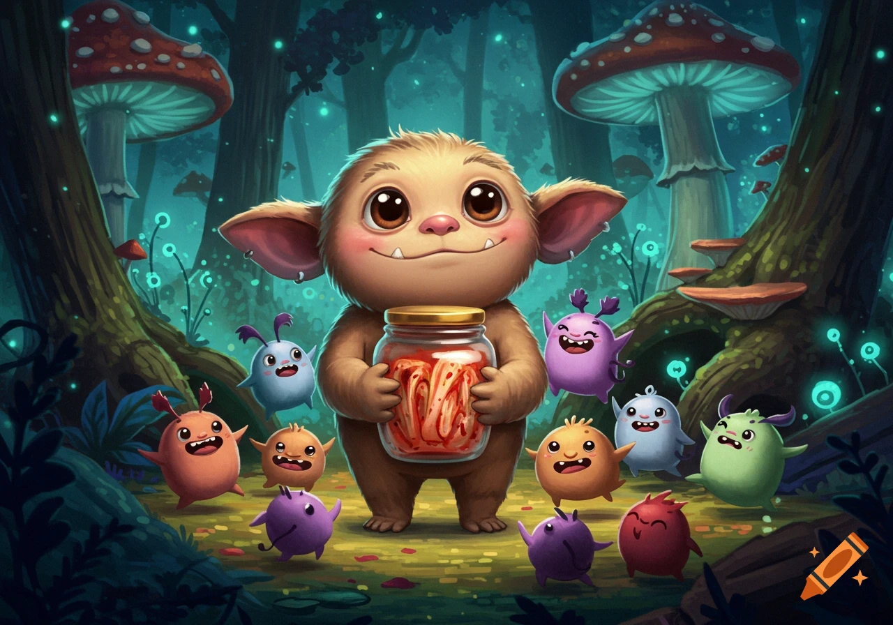 A large, furry, smiling monster holds a jar of kimchi surrounded by smaller, colorful, happy creatures in a whimsical, glowing forest.