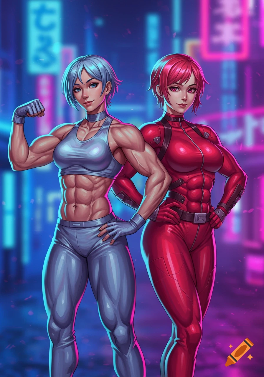 Two muscular anime women, one with blue hair flexing, the other with red hair in a red suit, pose against a neon city background.