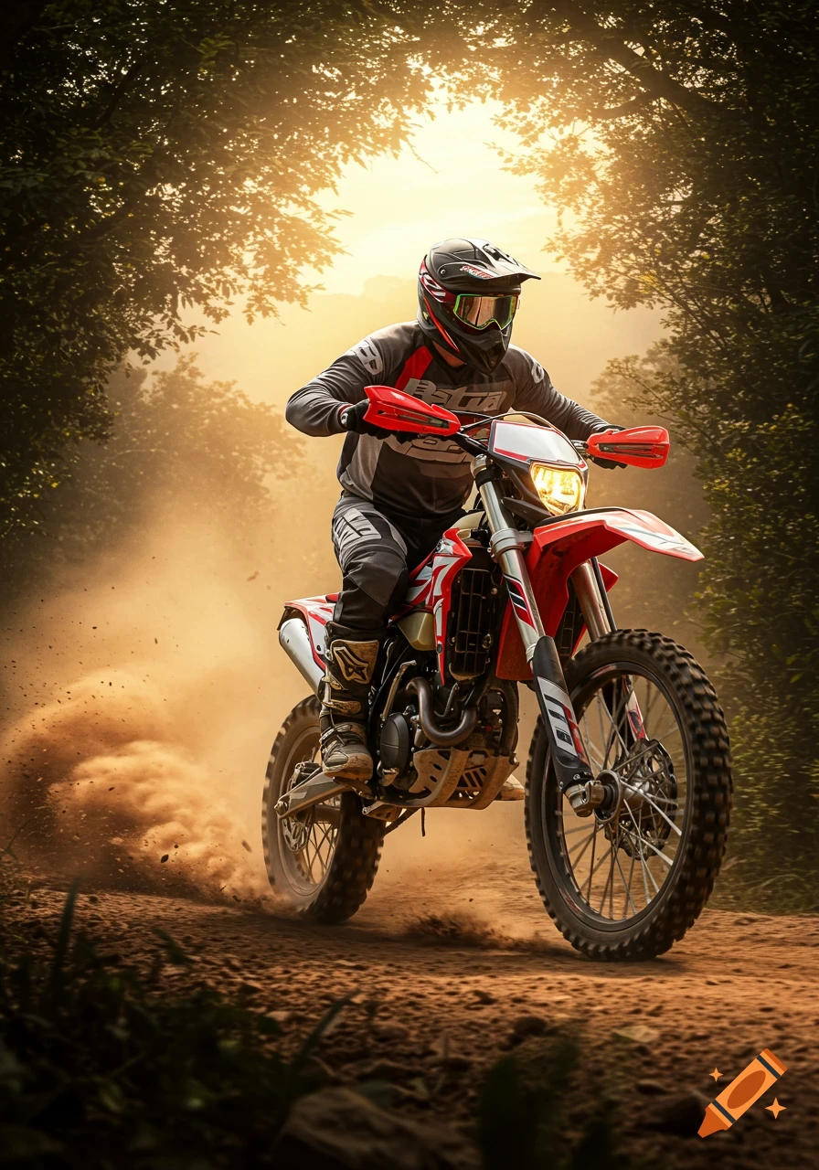 A person on a red and white enduro dirt bike kicks up dust on a sunny forest trail, wearing a helmet and gear, in a photorealistic style.