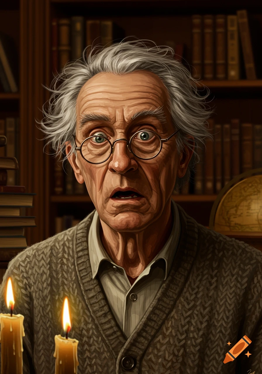 A detailed illustration of a shocked old man in glasses, with messy gray hair, wearing a knitted sweater, illuminated by candles in a dimly lit library.