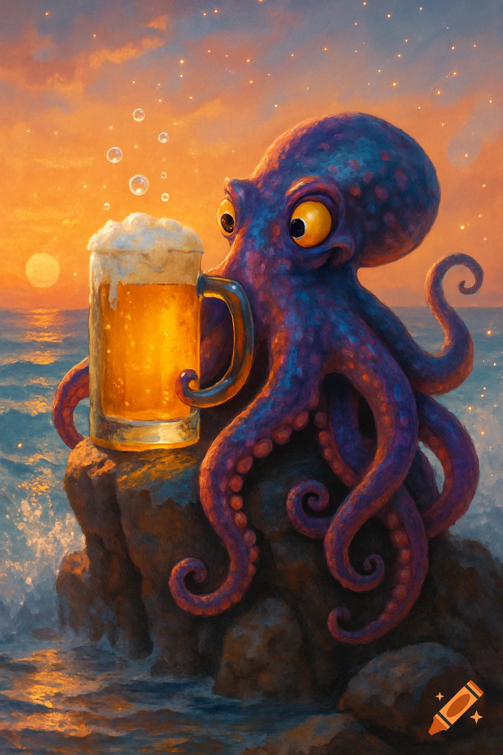 A whimsical purple octopus with big yellow eyes holds a frothy beer mug on an ocean rock at sunset, in a painterly style.