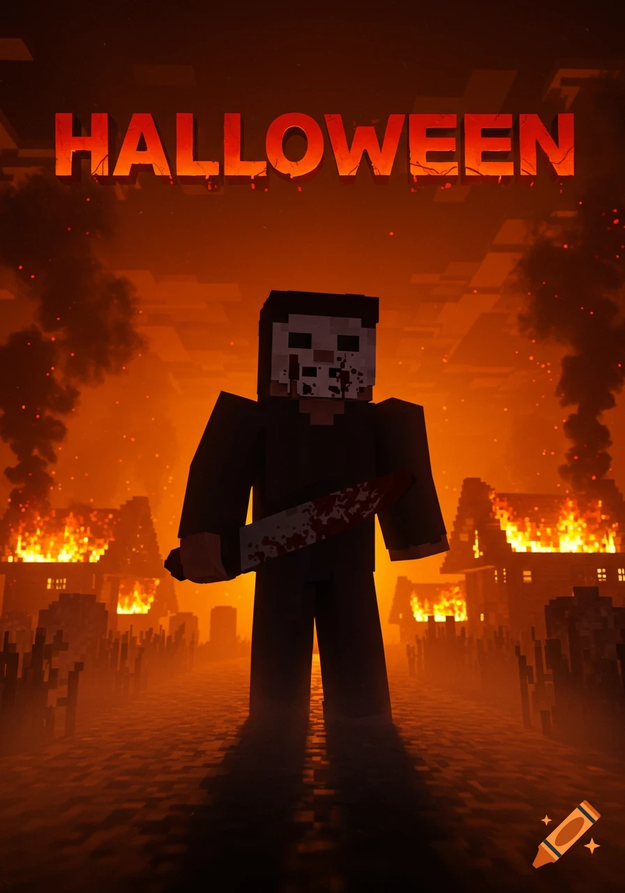 A Minecraft-style masked killer with a bloody knife stands before burning houses under an orange sky, with the word HALLOWEEN above.