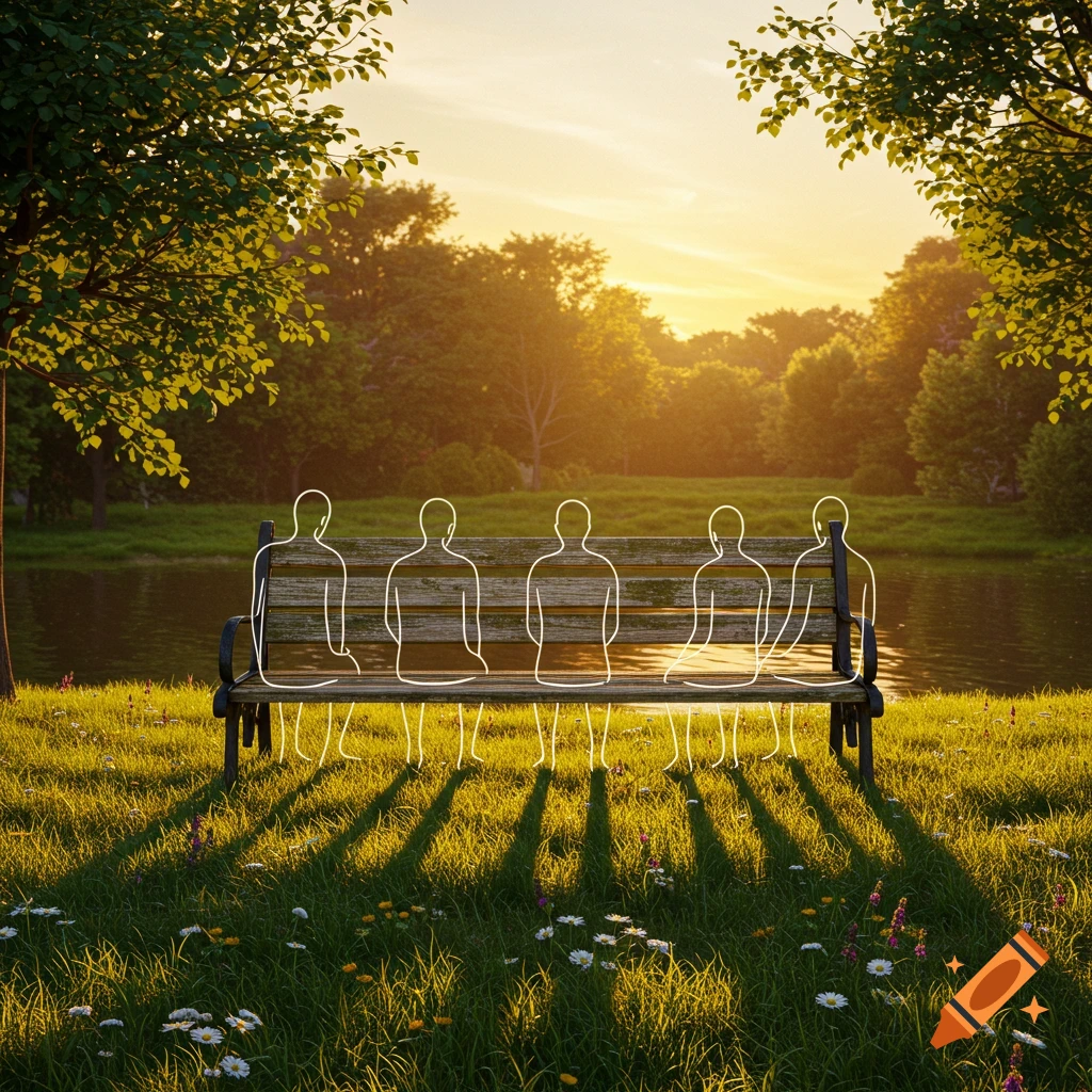 Five glowing outlines of people sit on a park bench by a lake at sunset, casting long shadows on the grassy ground.