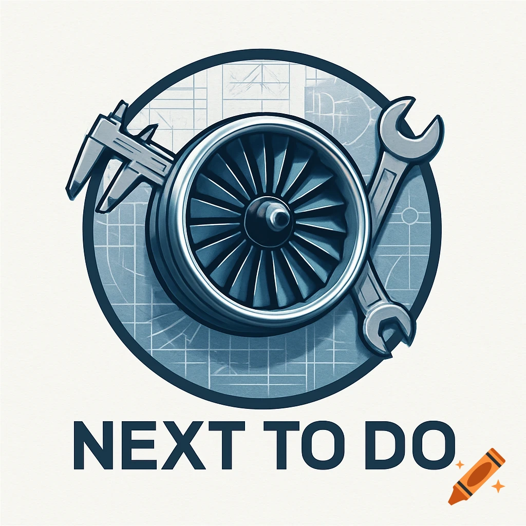 A stylized blue and gray logo featuring a jet engine, caliper, and wrench over a blueprint background, with "NEXT TO DO" text.