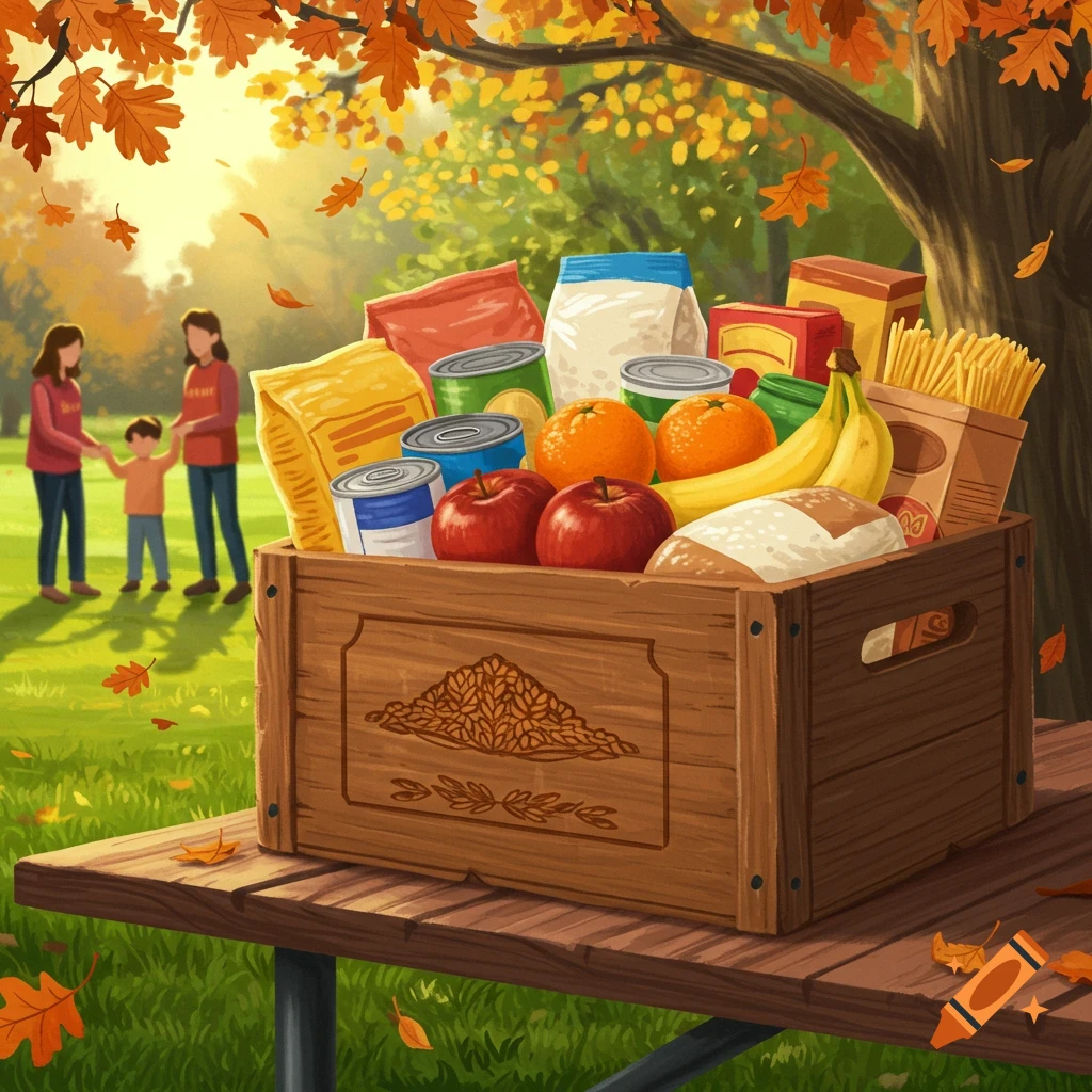 A wooden crate filled with various food items like fruits, bread, canned goods, and pasta on a picnic table in an autumnal park, with a family in the background, in an illustrative style.