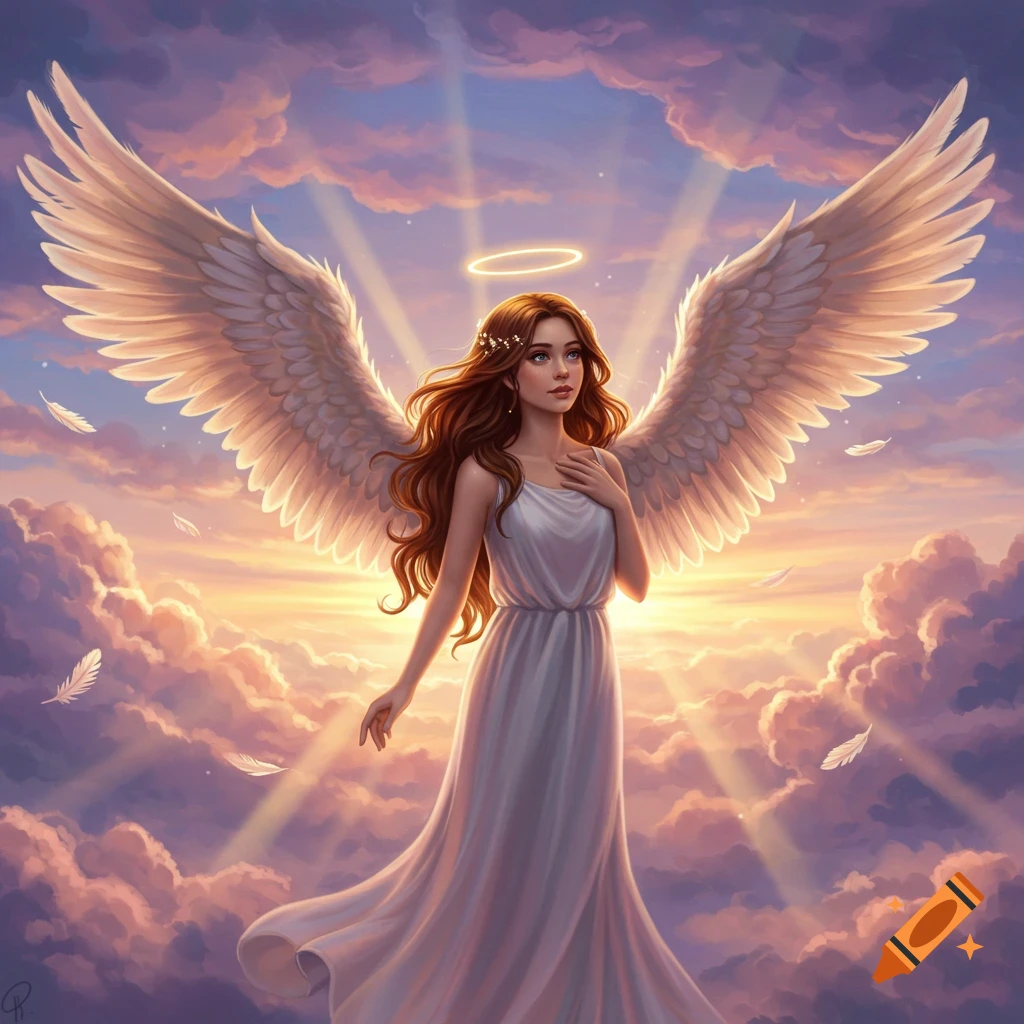 A beautiful angel girl with long brown hair, white wings, and a halo stands in a cloudy, sunset sky.