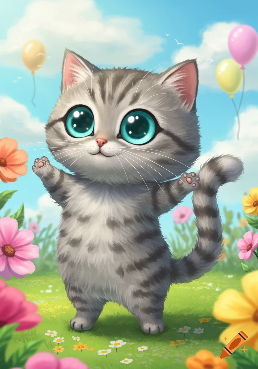 A cute, grey striped cartoon cat with big blue eyes stands in a vibrant field of colorful flowers under a blue sky with balloons.