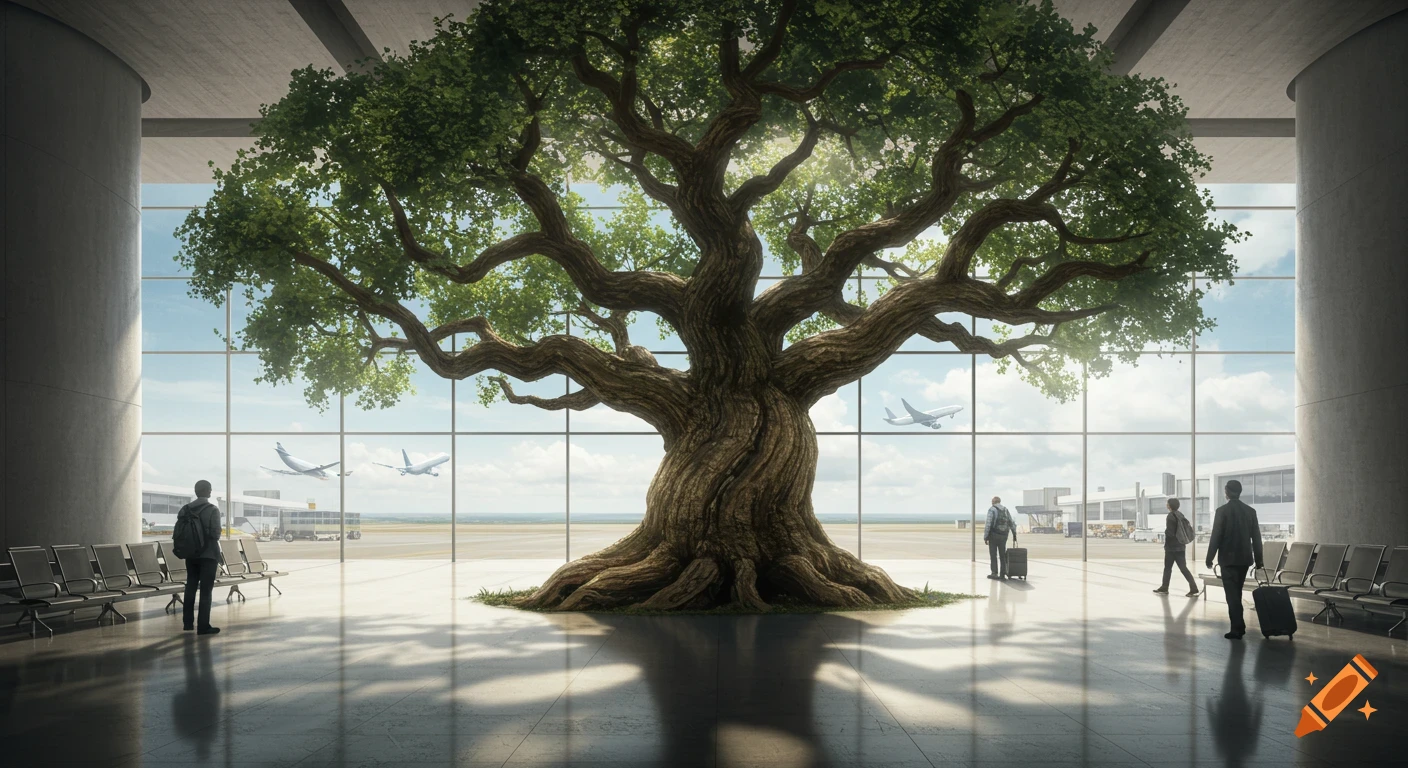 A majestic oak tree grows inside a modern, sunlit airport terminal with large windows looking out onto planes taking off on the runway.