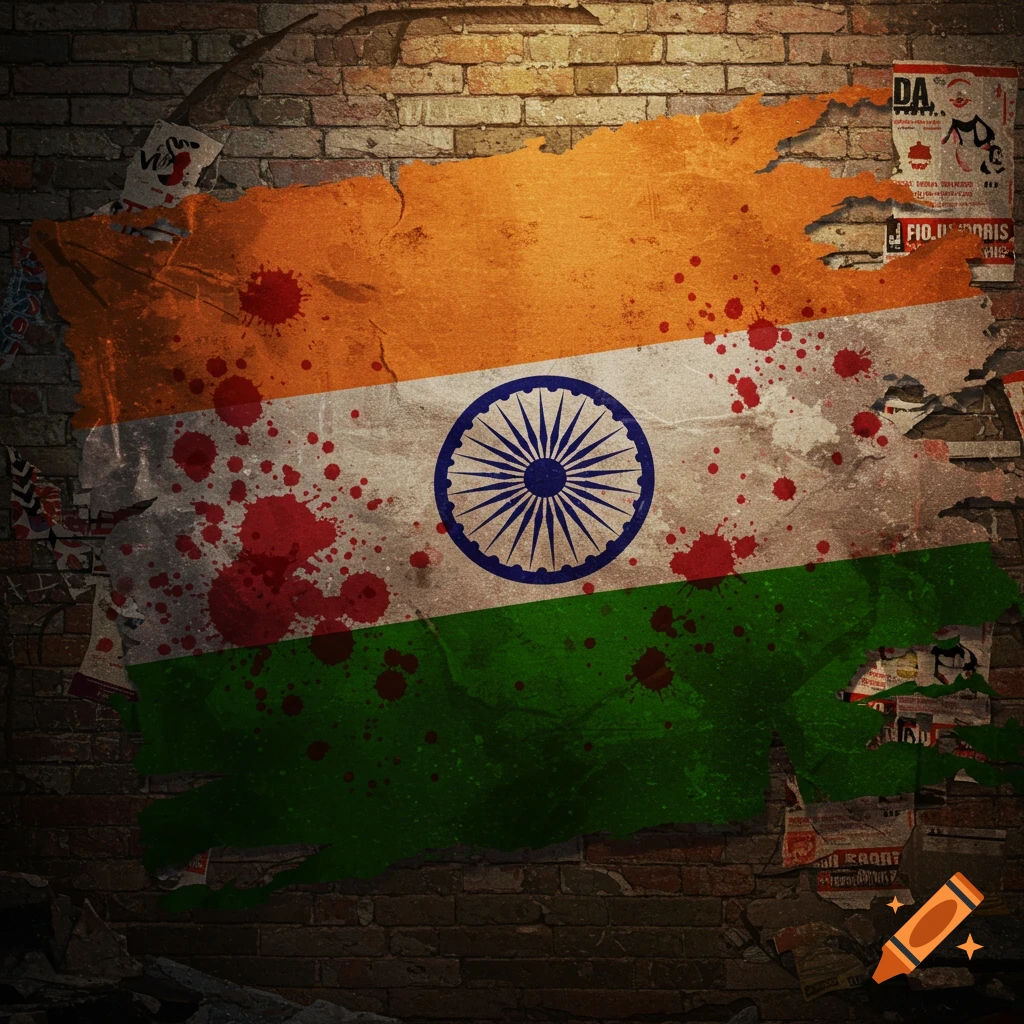 A distressed Indian flag with bloodstains painted on a grunge brick wall with torn posters.