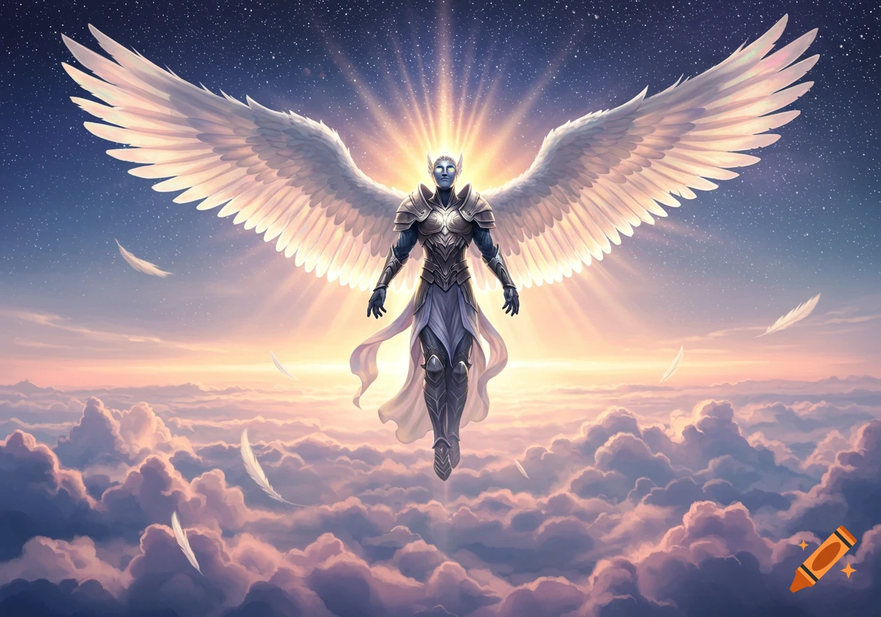 A majestic archangel with large white wings and armor floats above clouds at sunrise under a starry sky.