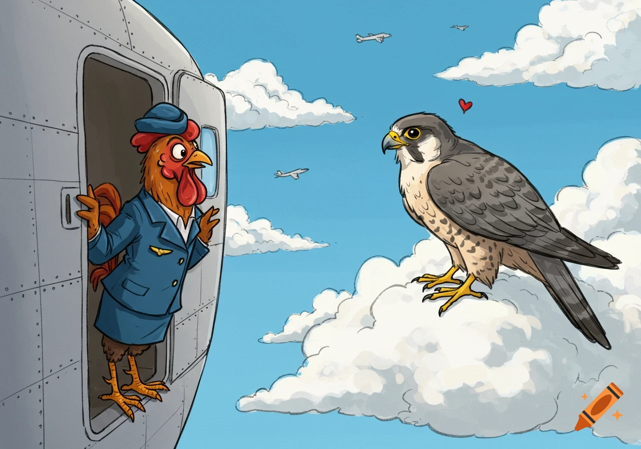 Cartoon rooster flight attendant leaning from an airplane door, gazing at a falcon on a cloud, with hearts in a sketchy style.