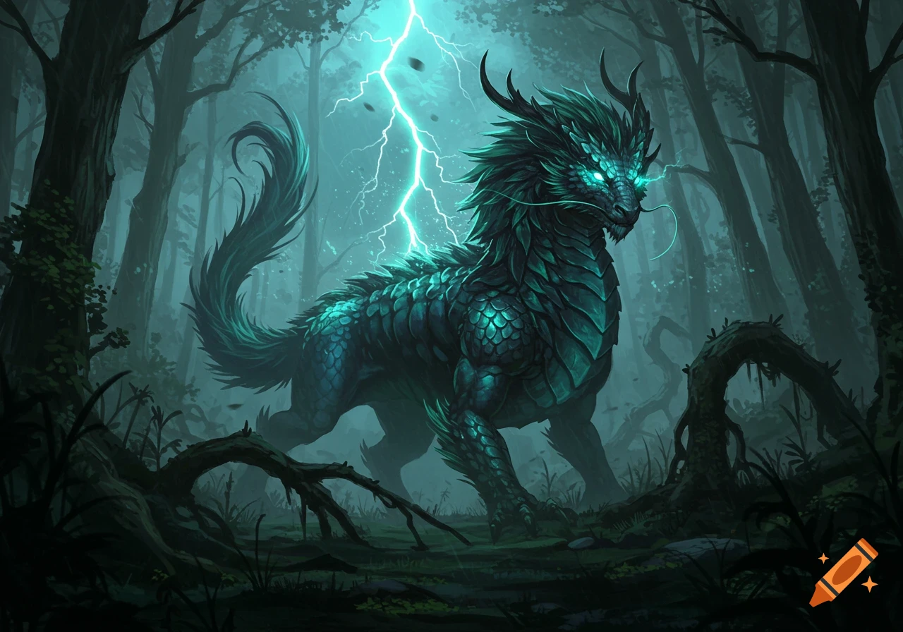 A majestic teal-green dragon with glowing eyes stands in a dark, misty forest as bright blue lightning strikes behind it.