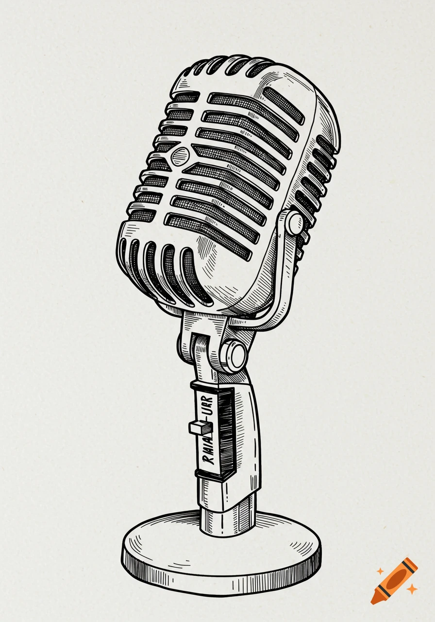 An outline drawing of a vintage, old-school microphone with a stand on a light background.