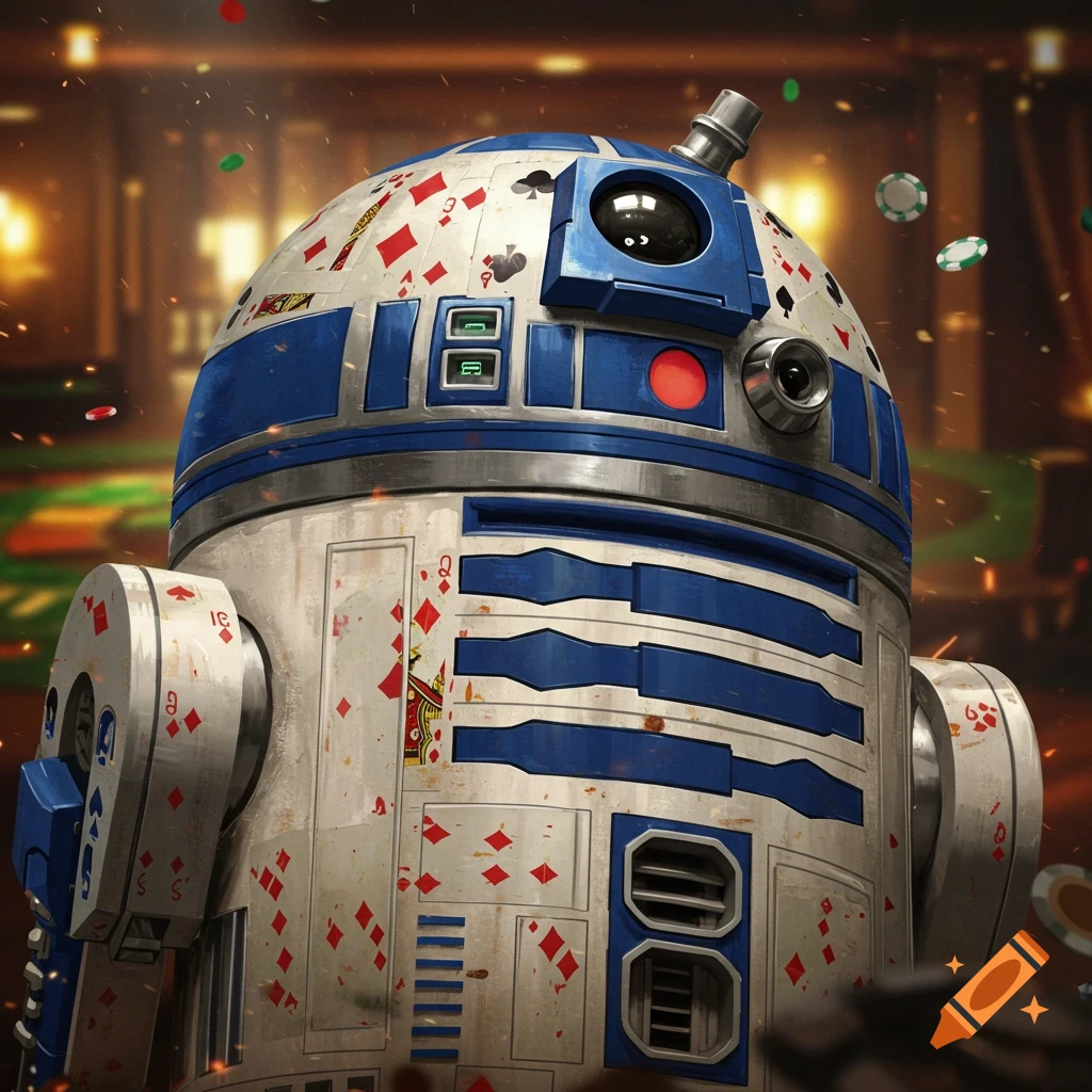 Close-up of R2D2 painted with card suit symbols and numbers, with casino chips and a blurred casino floor in the background.