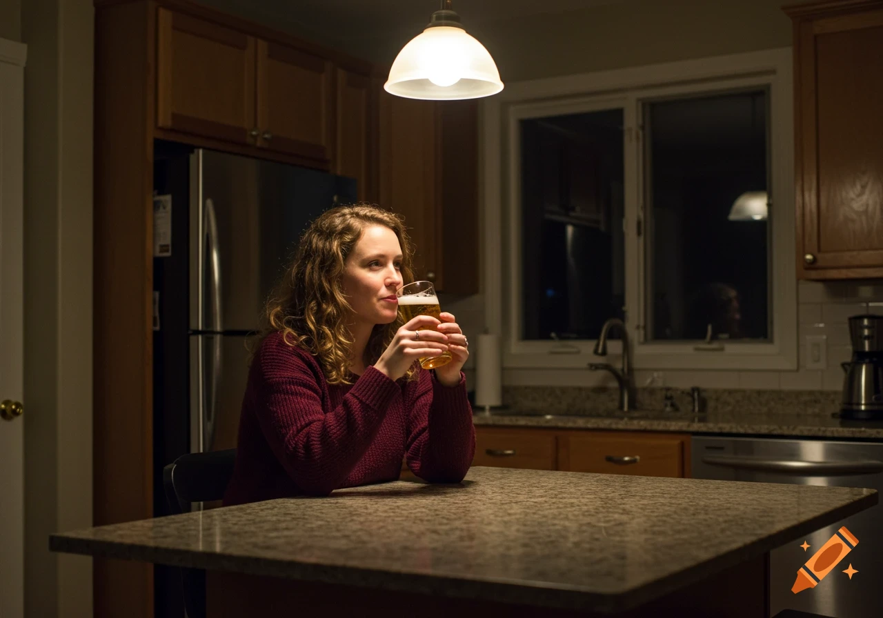 A woman with curly hair in a maroon sweater sits at a kitchen counter, drinking beer from a glass in a dimly lit domestic scene.