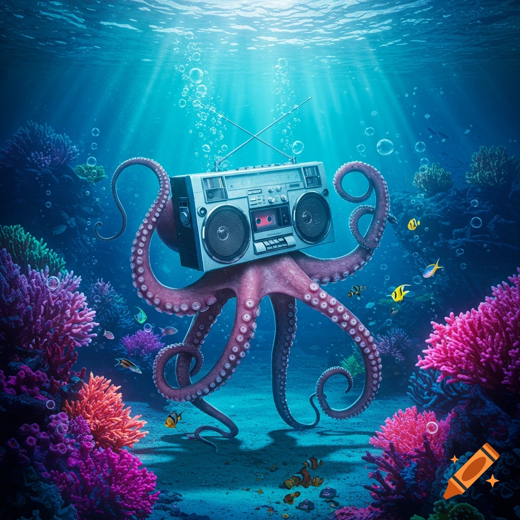 A pink octopus holds a silver boombox amidst colorful coral and fish in a sunlit underwater scene.