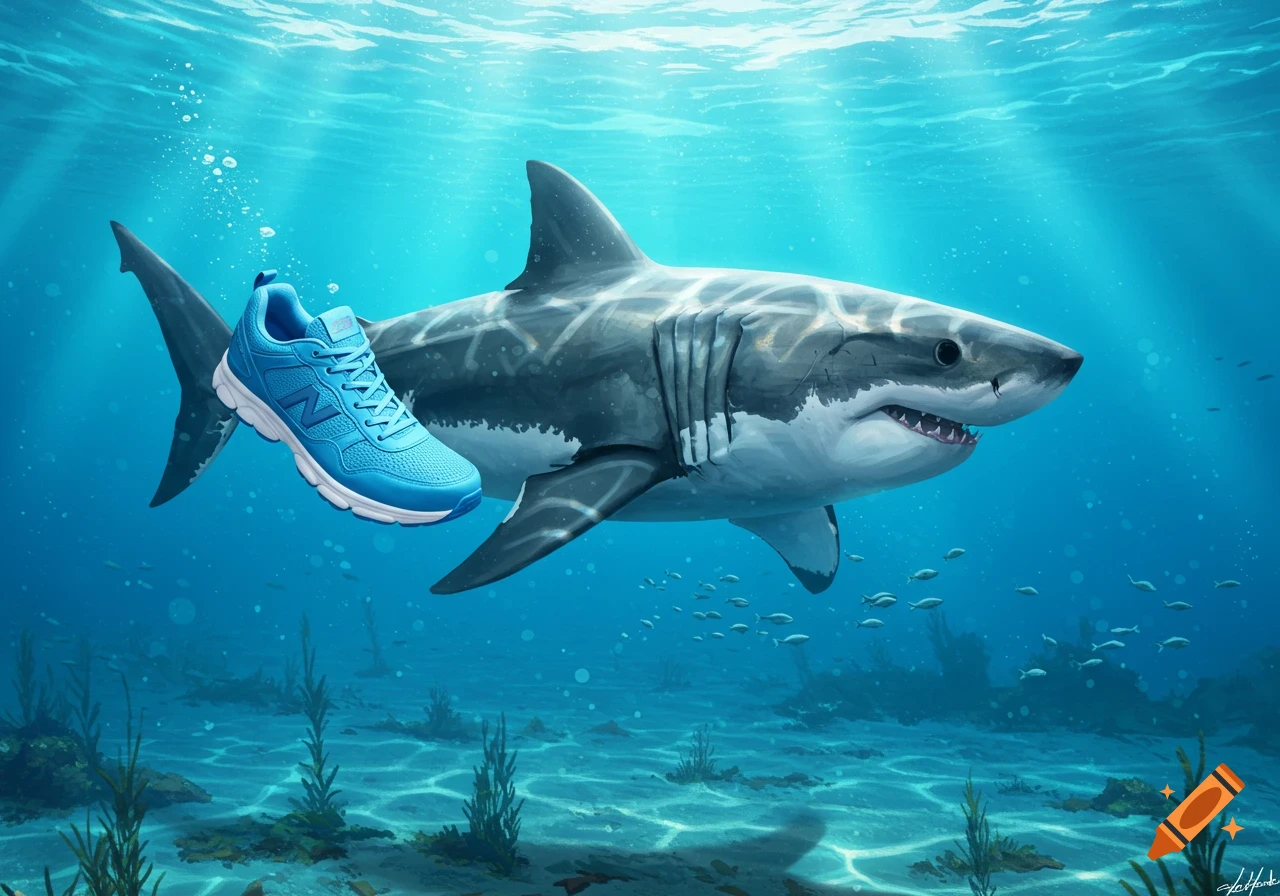 An illustration of a large shark swimming underwater with a bright blue running shoe floating beside its tail in a stylized ocean scene.