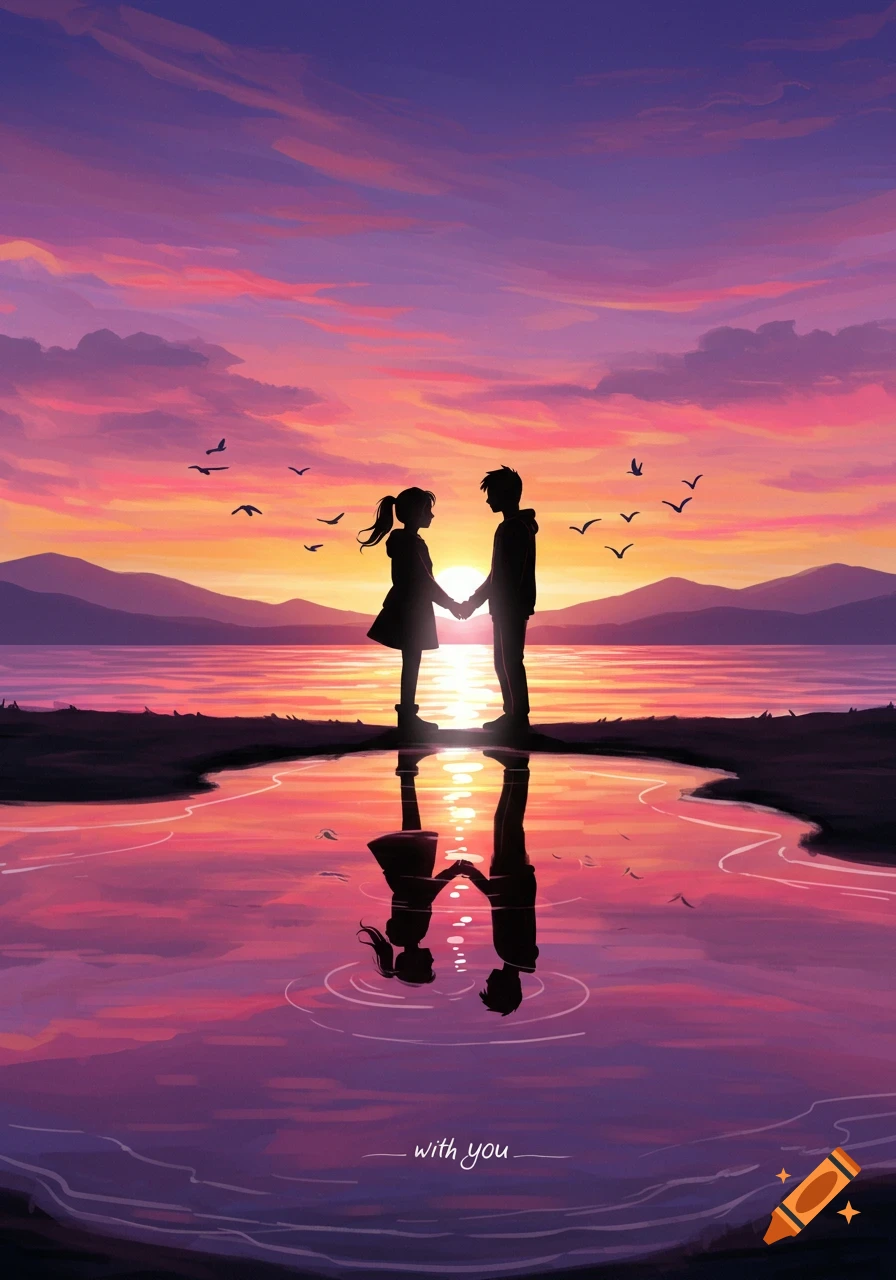 Digital art of silhouetted couple holding hands at sunset by a lake with mountains, 'with you' reflected in water.
