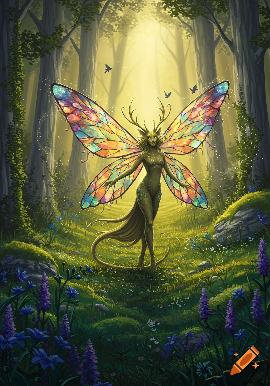 A mystical deer-antlered fairy with stained-glass wings stands in a sun-dappled forest clearing surrounded by wildflowers.