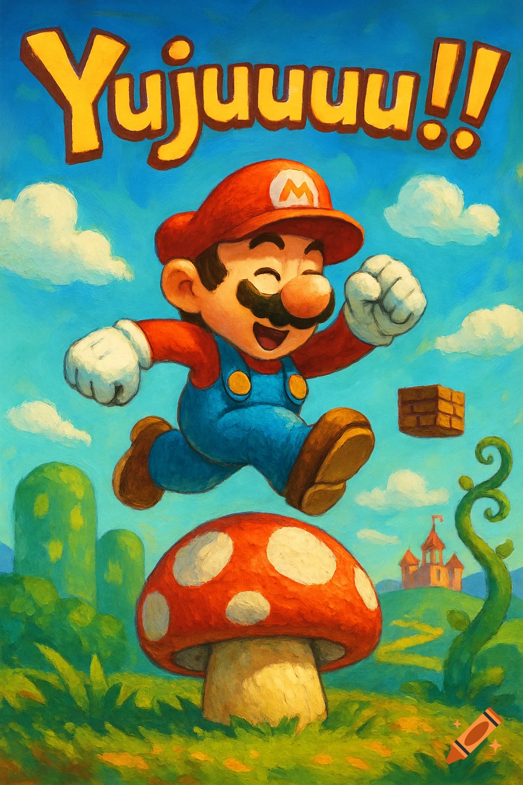 Mario jumping over a red mushroom under text "Yujuuuu!!", with a brick block and a castle in a vibrant, painterly style.