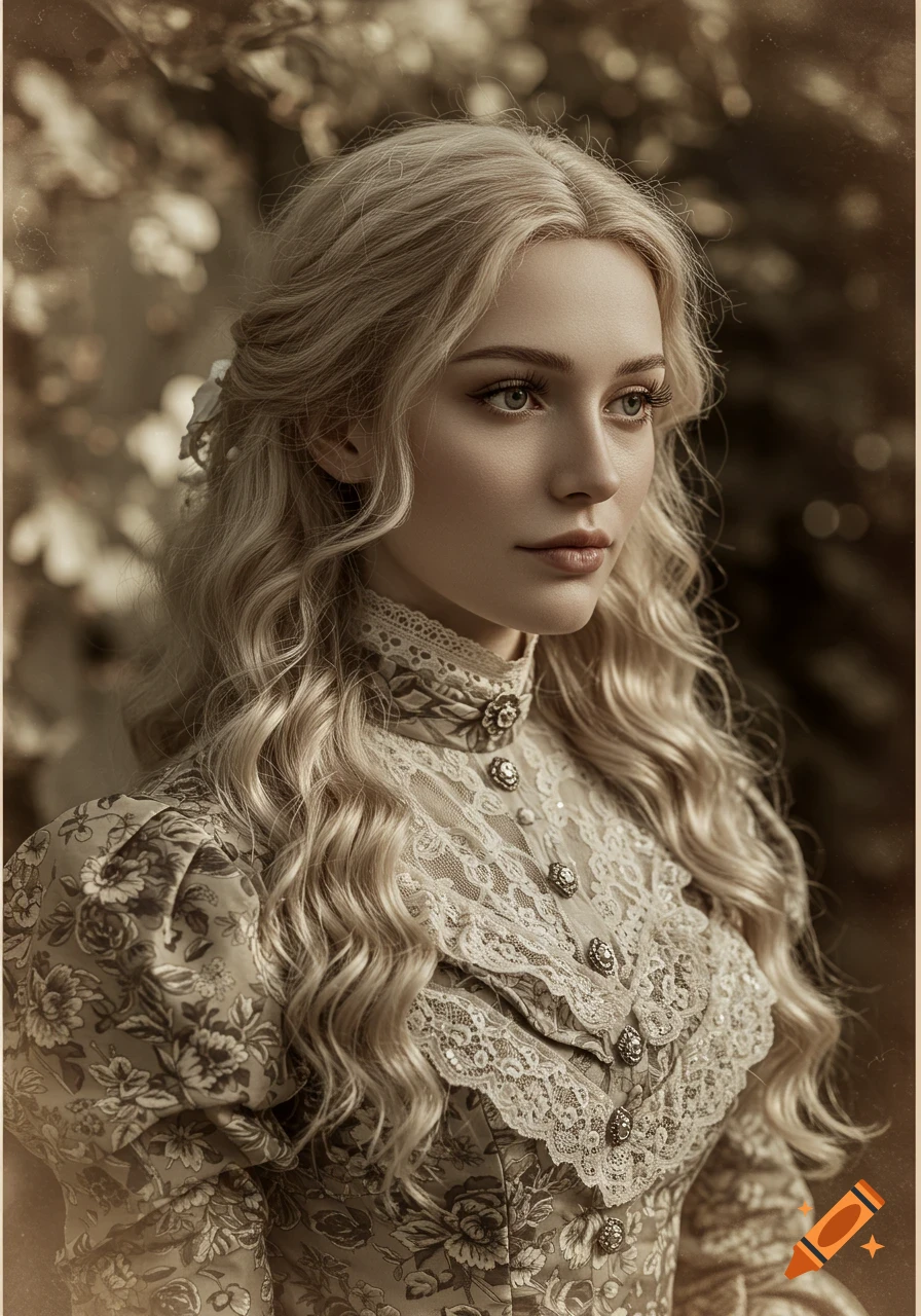 A young blonde woman in an elaborate Victorian lace and floral dress, looking right, with a vintage sepia-toned aesthetic.