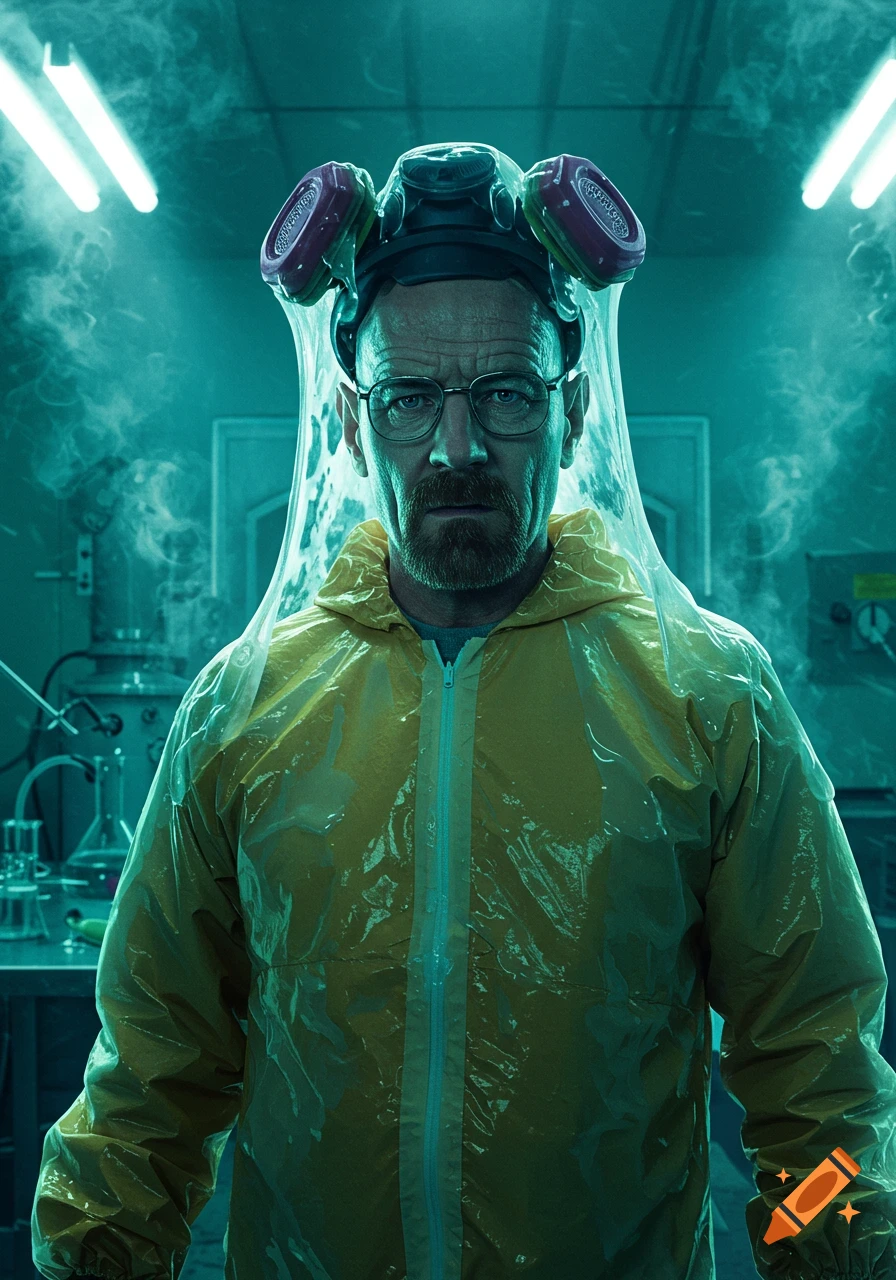 Walter White in a yellow hazmat suit and respirator, covered in clear slime, stands in a teal-lit laboratory.