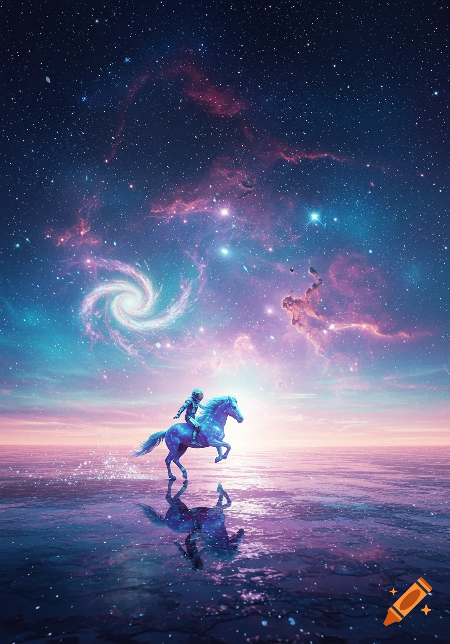 An astronaut rides a luminous blue horse across a reflective surface under a vibrant cosmic sky filled with stars and nebulae.