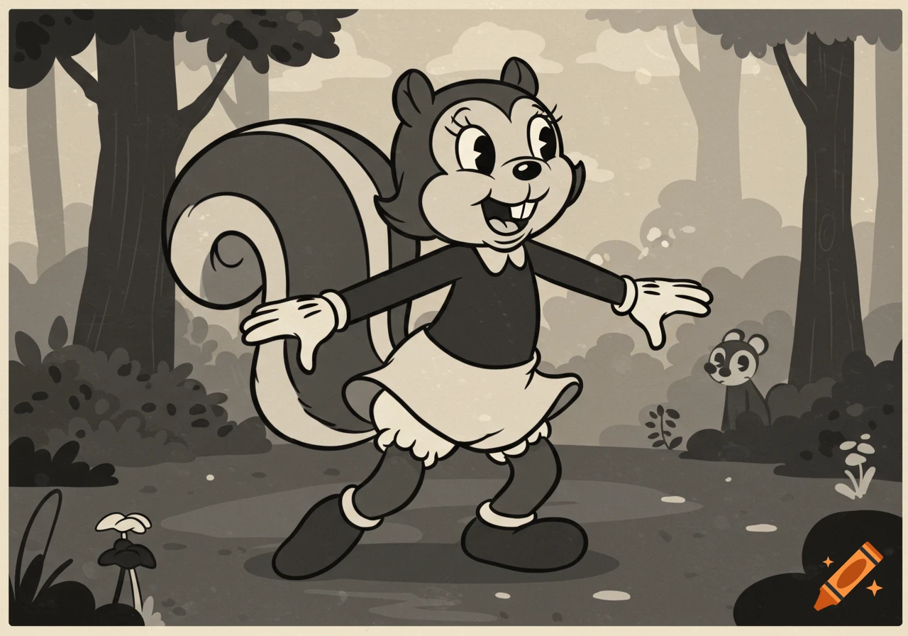 A cheerful, animated female squirrel in 1929 rubber hose style, wearing a skirt, stands in a sepia-toned forest.
