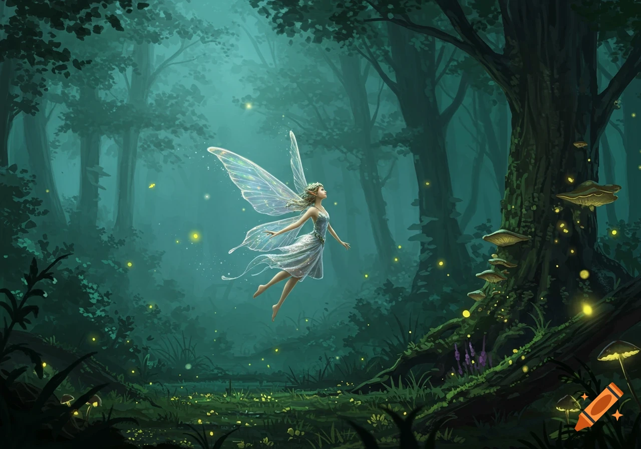 A luminous fairy with iridescent wings floats through a dark, misty enchanted forest with glowing mushrooms and fireflies, digital painting.