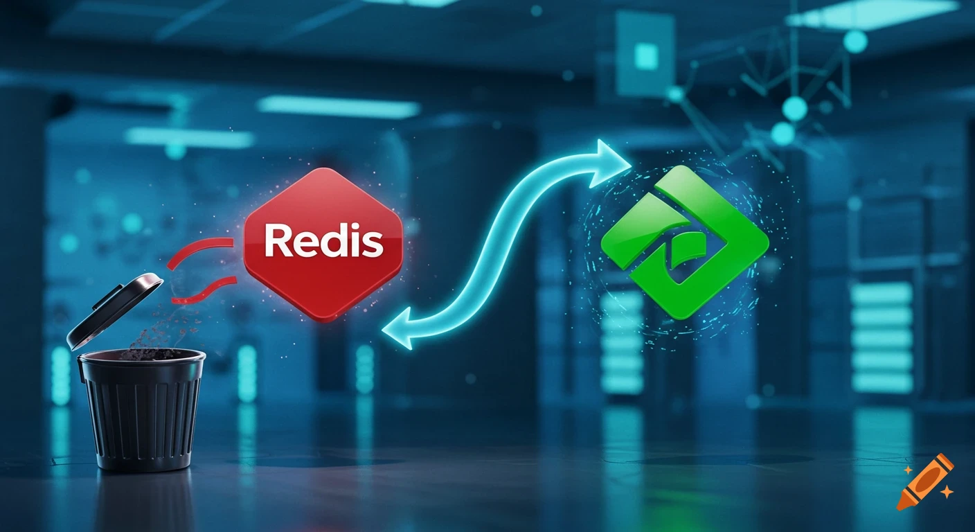 Digital art of a red Redis logo being discarded into a trash bin, with a glowing arrow pointing to a green DragonflyDB logo in a blue tech environment.