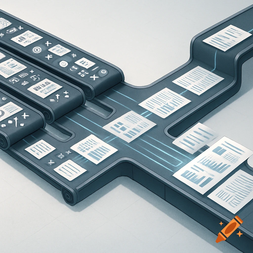 Isometric illustration of a data processing metaphor with converging conveyor belts transforming unstructured data into structured reports.