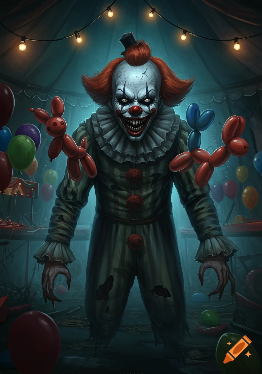 A menacing, pale-faced clown with red hair and sharp teeth grins in a dark, abandoned carnival tent, holding red balloon animals. Dark illustration style.