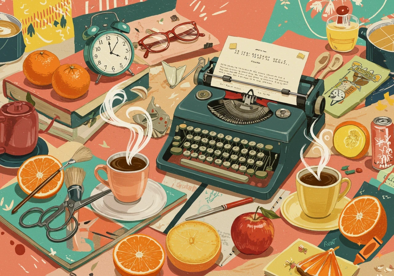 Vibrant illustration of a cluttered desk with a vintage typewriter, coffee cups, books, oranges, an apple, glasses, and an alarm clock.