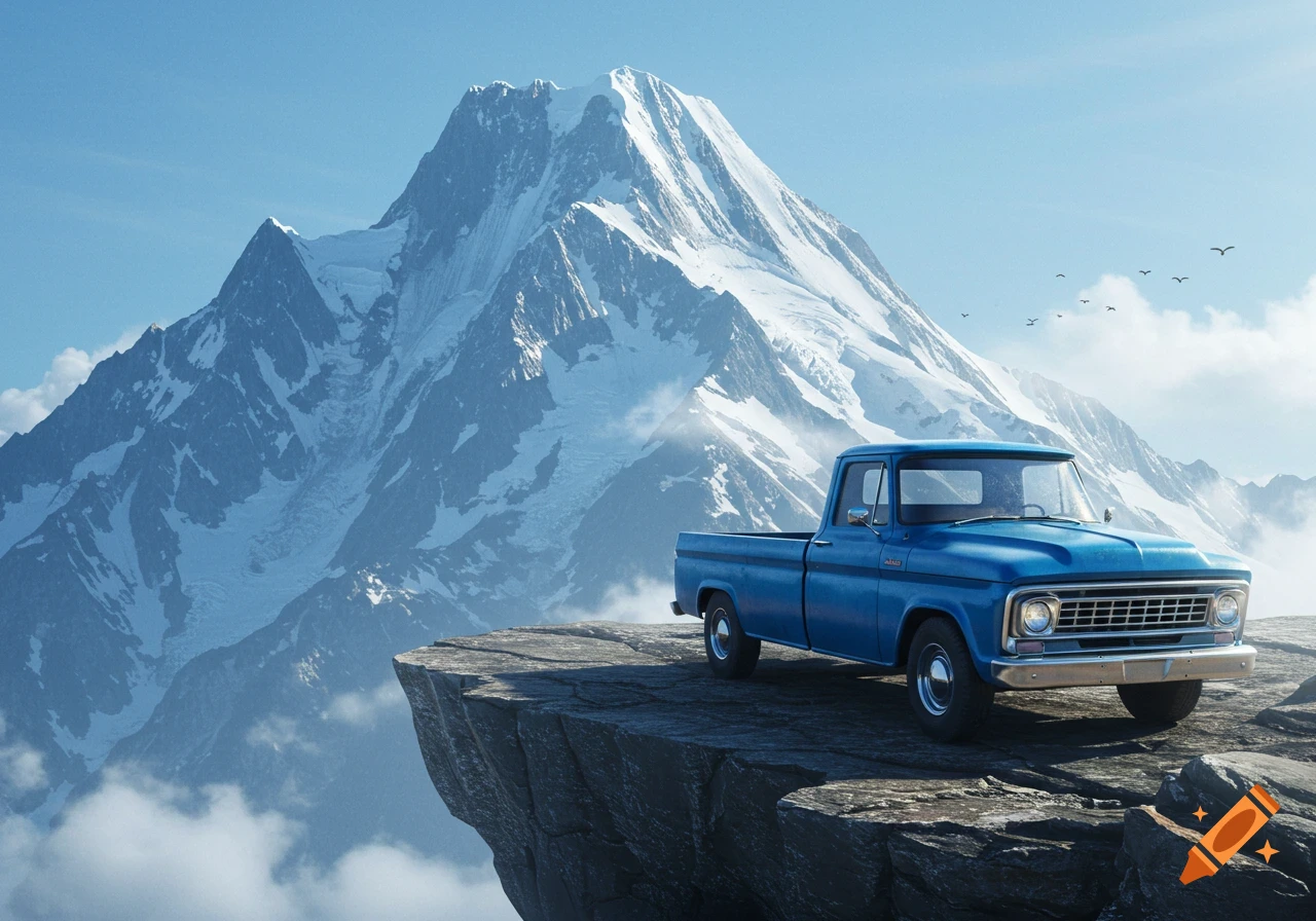 A photorealistic image of a blue vintage pickup truck parked on a rocky cliff edge with a massive snow-capped mountain under a clear blue sky.