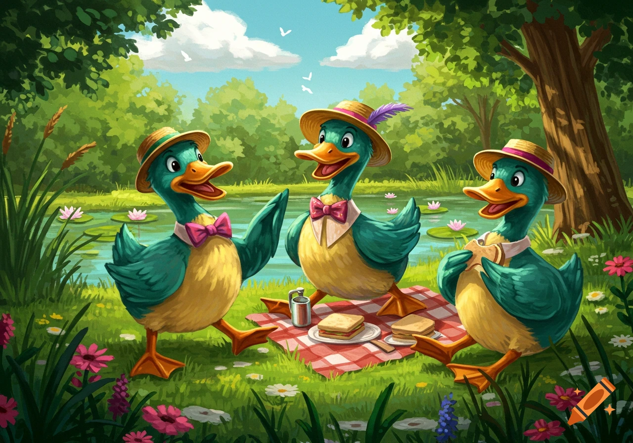 Three anthropomorphic ducks in hats and bowties picnic by a pond in a lush park, cartoon style.