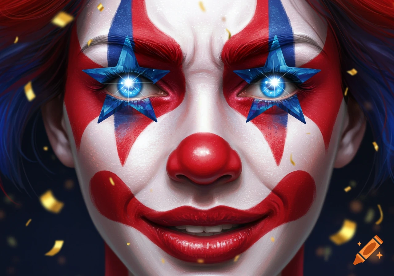 Close-up of a face with patriotic clown makeup, featuring white, red, and blue paint, glowing blue star designs over the eyes, and falling gold confetti.