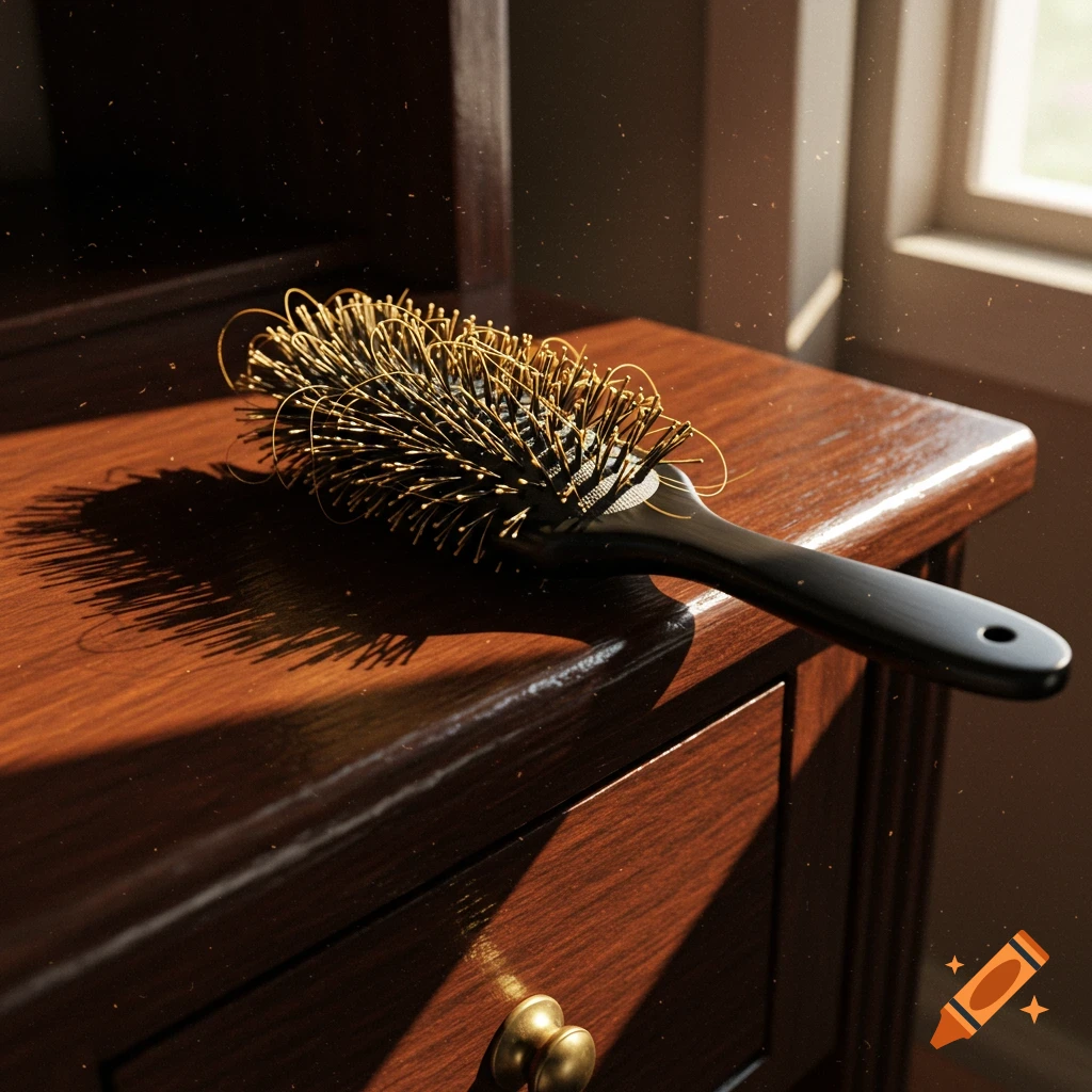 A close-up, photorealistic shot of a black hairbrush with blonde hair caught in its bristles, lying on a wooden dresser with sunlight illuminating dust motes.