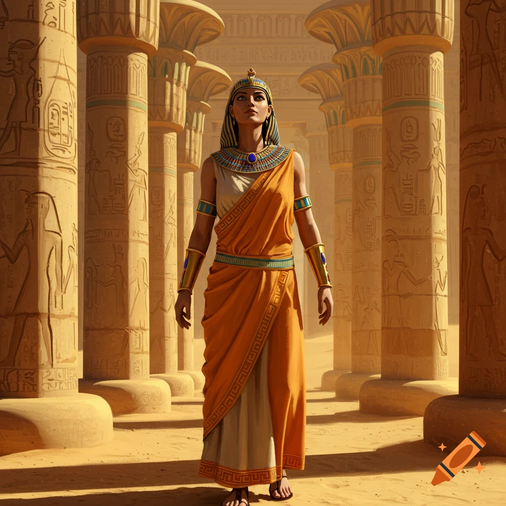 A woman in ancient Egyptian attire stands in a grand temple hallway lined with carved columns, in a digital art style.