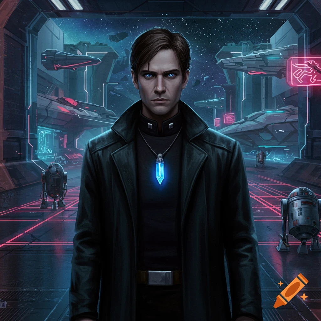 A young man with glowing blue eyes and a black coat, wearing a blue crystal necklace, stands in a futuristic space dock with ships and robots.