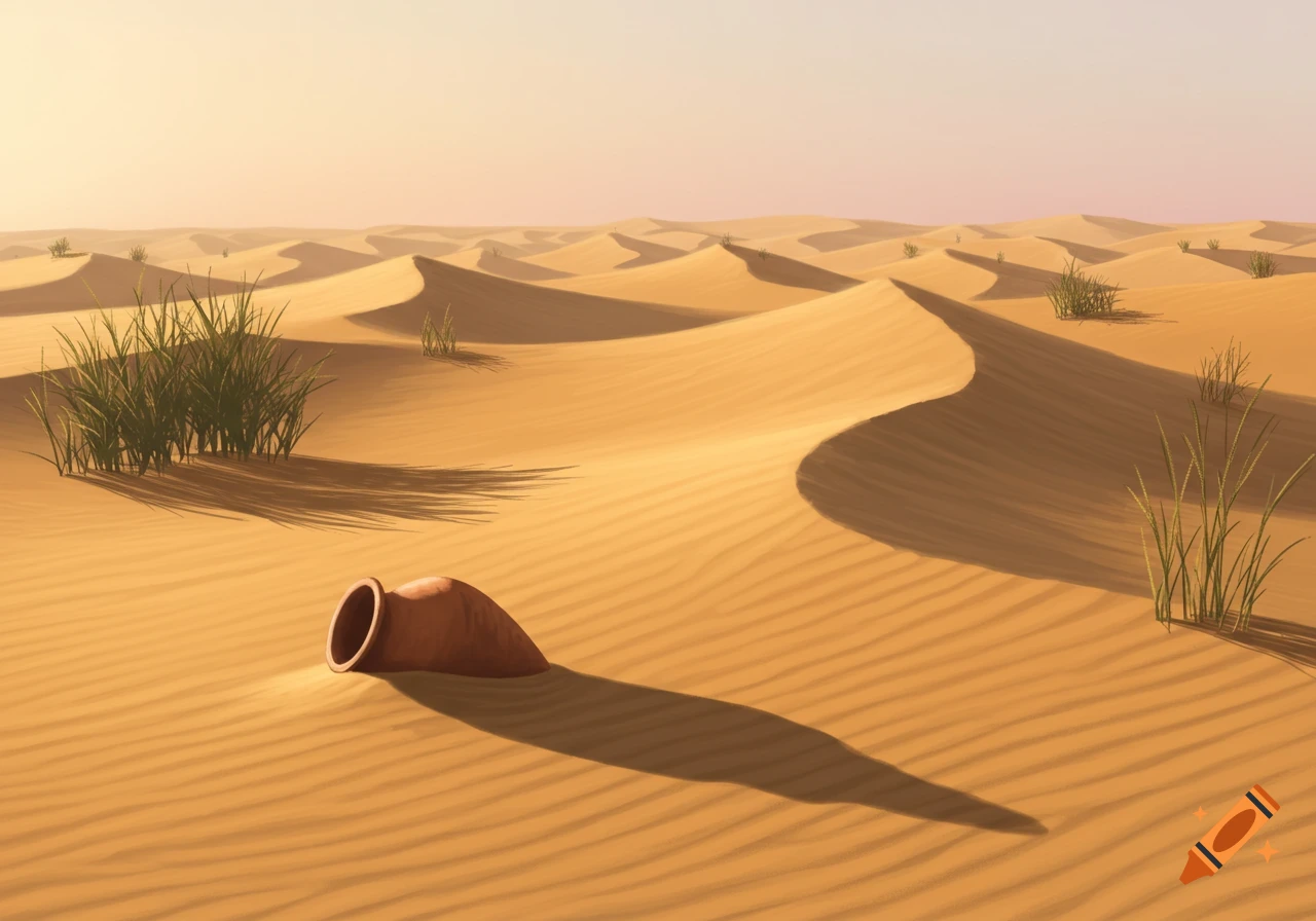 A stylized desert landscape at sunset, featuring rolling sand dunes, sparse green tufts of grass, and a terracotta pot partially buried in the sand.