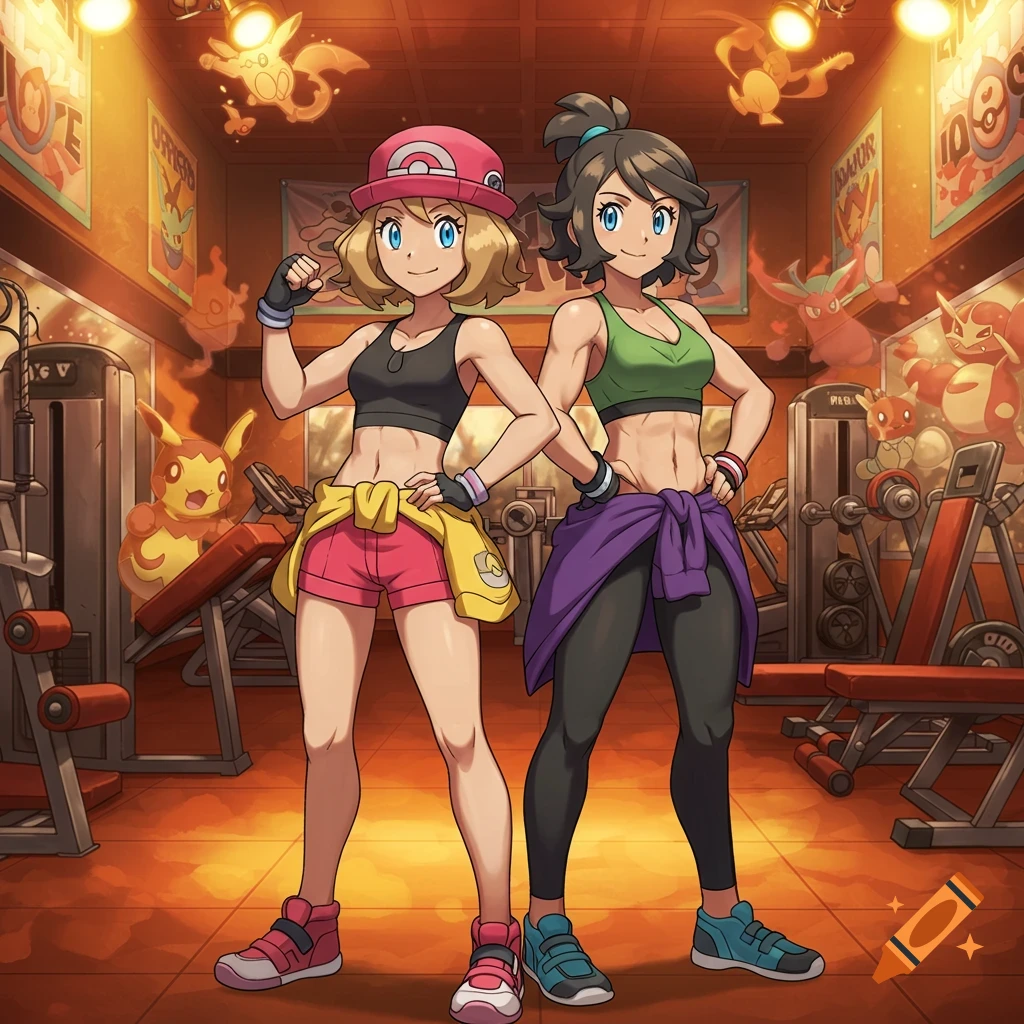 Anime-style Serena and her muscular mother pose confidently in a Pokémon-themed gym.