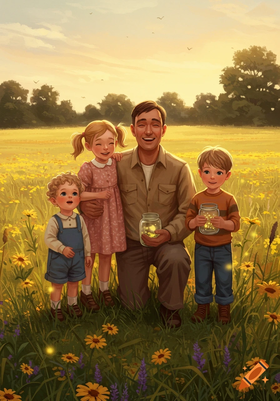 A smiling father and his three children stand in a field of yellow flowers, holding jars with glowing fireflies, depicted in an illustrative style.
