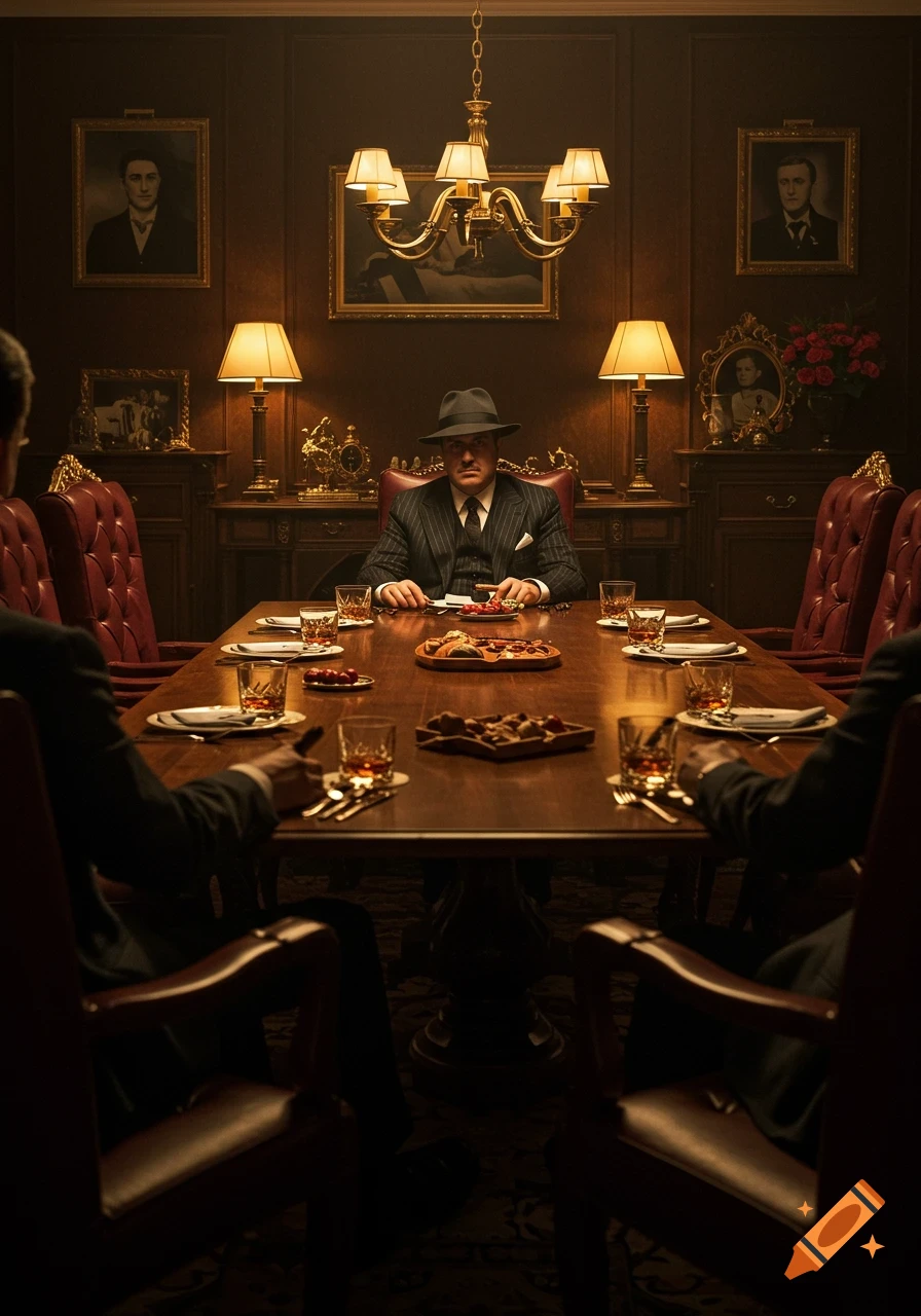 A serious man in a pinstripe suit and fedora sits at a large mahogany table in a dimly lit, ornate room. Other men are partially visible around the table, suggesting a meeting in a luxurious, old-money setting. Photorealistic.